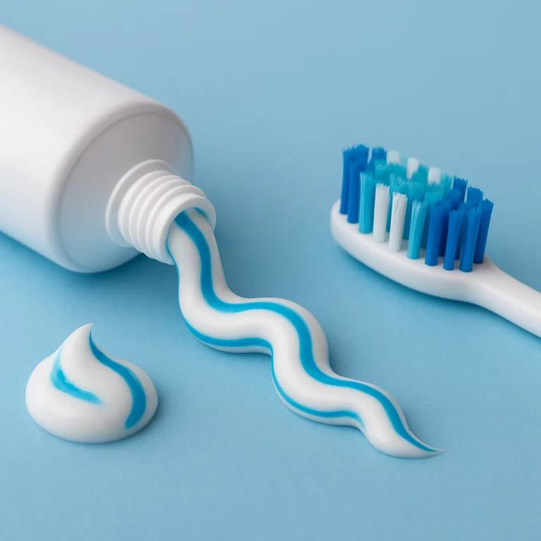 Close-up of a toothpaste tube with blue-striped paste and toothbrush on a clean blue background, illustrating toothpaste ingredients discussion.