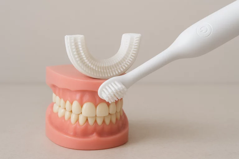 U-Shaped Toothbrush cleaning a dental model for sensitive gums